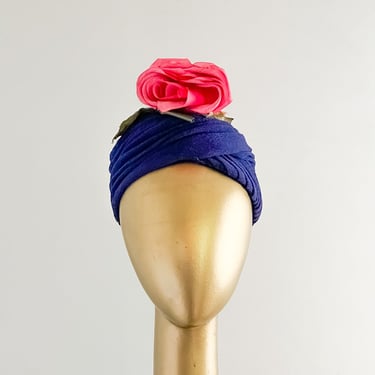 1940's Hattie CARNEGIE Royal Blue &amp; Silk Rose Turban Hat