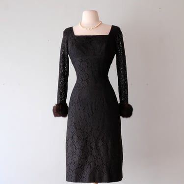 Exquisite 1950's Black Cotton Lace Wiggle Dress with Fur Cuffs / Sz M