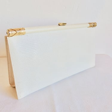 1960's Bienen Davis White Snakeskin Leather Large Clutch Purse Gold Clasp and Hardware High End 60's Handbags 