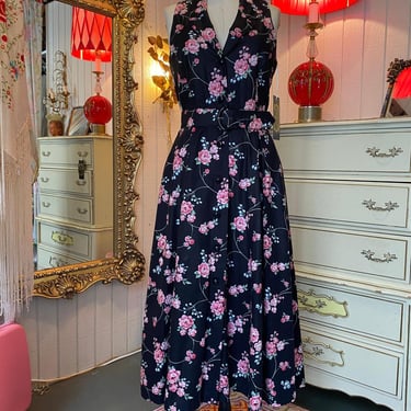 Vintage 1980s black floral cotton dress 80s sundress med full skirt 1950s style 