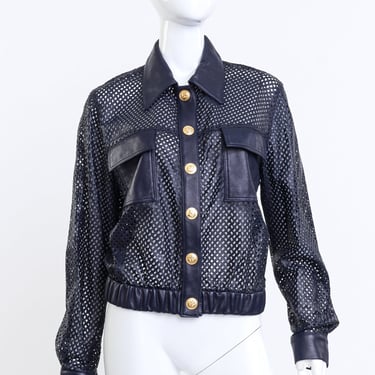 Navy Perforated Leather Jacket