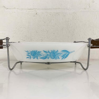 Vintage Glasbake Turquoise Floral Pattern Blue White Milk Glass Divided Casserole Dish Holder Stand 1960s 
