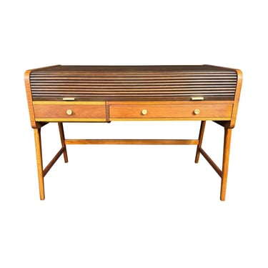 Vintage Mid Century Modern Walnut Writing Desk With Roll Top by Sligh-Lowry 