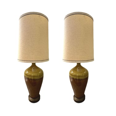 vintage mid century modern pair of large dripped glazed ceramic table lamps shades rewired 1960s 