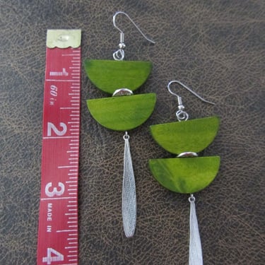 Long leaf green earrings, wood and silver earrings, Afrocentric dangle earrings, statement earrings, African jewelry, bold ethnic earrings 
