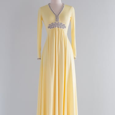 Fabulous 1970's Pastel Yellow Beaded Gown By Victoria Royal Ltd. / Small