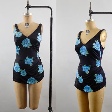 Vintage 80s Roxanne Swimsuit – Black with Blue Floral Print – Skirted One Piece – Adjustable Straps – Made in USA – Size 38B 