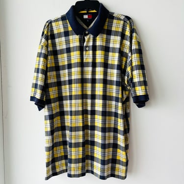 90s Vintage Men’s Tommy Hilfiger Yellow & Blue Plaid Collared Polo Shirt Size XXL 