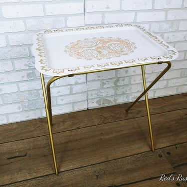 Vintage Metal Cream and Gold Flower TV Tray 