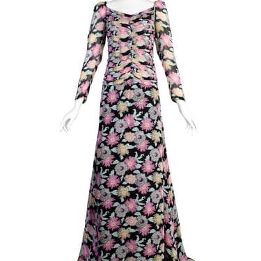 Fendi Vintage 1990s Black Pink Floral Silk Gown with Train