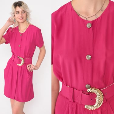 Hot Pink Mini Dress 80s 90s Button Up Sheath Dress Belted Fuchsia Short Sleeve Day Simple Dress Pocket Retro Girly Vintage 1980s 1990s Small 