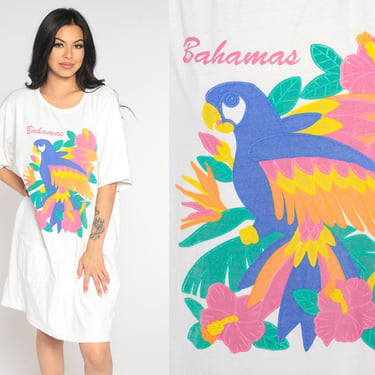Tropical Parrot Tshirt Dress Bahamas Vintage Beach Dress 90s Bright Floral T Shirt Bird Graphic Dress 1990s Pocket Beach Cover Up 2xl xxl 