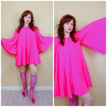 1960s Vintage Hot Pink Acetate / Nylon Bell Sleeve Dress / 60s / Sixties Accordion Pleated Neon Swing Dress / Size Small - Large 