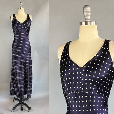 1990s Betsey Johnson / 1990s Betsey Johnson Navy Polka Dot Slip Dress / 1990s Blue Maxi Dress / Size Small Size Medium 