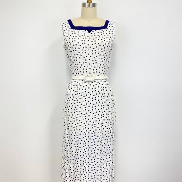 Vintage 1950s Polka Dot Dress | Sleeveless Sheath Wiggle Dress in Navy Blue on White | Size Small 