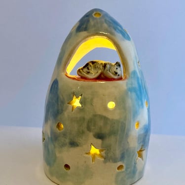 Handmade Calming Luminary | Ceramic Lanterns with Sleeping Cats | Festive Votive Candle Holders | Whimsical Tea Light Holder | Cat Dioramas 