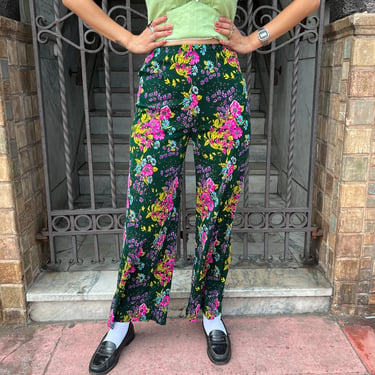 70s Green Floral Poly Pants