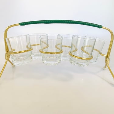 50s shot glass set and holder in gold and green Vintage bar ware 