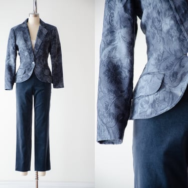 blue velvet suit | y2k vintage Worth blue gray velvet pants tapestry jacket dark academia 2 piece set 
