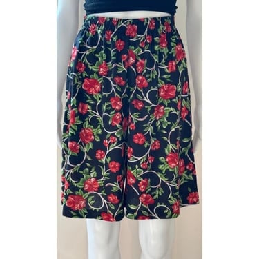 Black Floral Skort 1990's Culottes fits XS - M with Red Flowers 