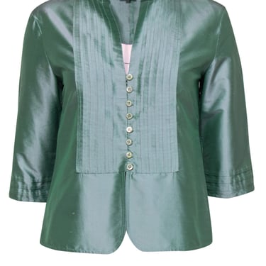 Armani Collezioni - Aqua Green Metallic Silk Satin Button-Front Blouse Sz 6