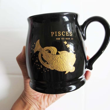 Vintage Pisces Fish Black Gold Coffee Mug - 1980s February March Birthday Zodiac Astrology Gift For Friend 