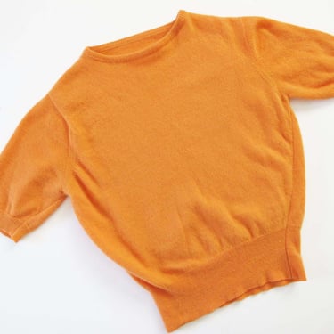Vintage 50s Orange Lambswool Womens Top S - 1950s Soft Crewneck Knit Pin Up Rockabilly Short Sleeve Sweater Blouse 