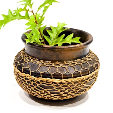 VINTAGE: Studio Pottery Bowl with Weave Overlay - Dark Ceramics - SKU 26-D-00031081 