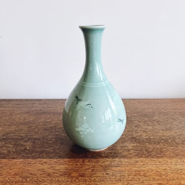 Vintage Korean Celadon Cranes Signed Vase 