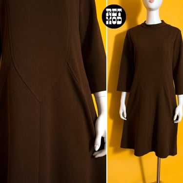 Mod Cutie Vintage 60s 70s Dark Brown Textured Space Age Dress 