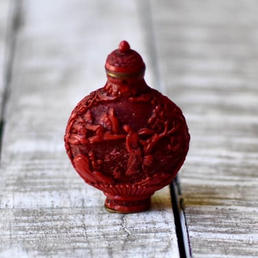 Vintage Snuff Bottle Antique Reproduction of Chinese Carved Red Cinnabar 