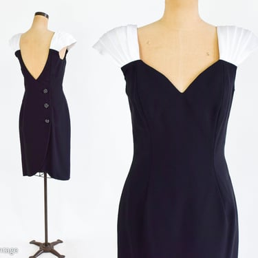 1980s Black Velvet & White Satin Party Dress | 80s Black Velvet Cocktail Dress | Black Wiggle Evening Dress | Morton Myles | Medium 