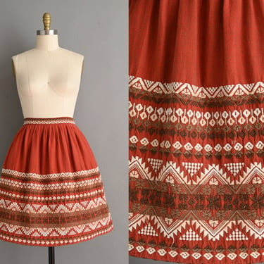 vintage 1950s Skirt | Pelux Guatemala Handwoven Nutmeg Full Skirt | Large 