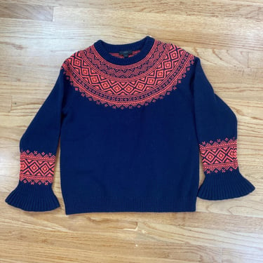 J. Crew Aspre Fair Isle Bell Sleeve Wool Sweater Size Small Navy Blue Orange C3, Geometric Print, new with tags 