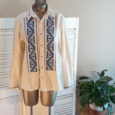 70s Hand Woven Mens Boho / Hippie Cotton Shirt w/Embroidery / S/ M 