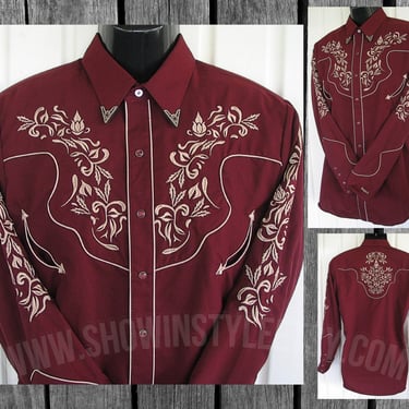 Ranger's Vintage Retro Western Men's Cowboy & Rodeo Shirt, Burgundy with Beige Floral Embroidered Designs, Tag Size Medium (see meas. photo) 