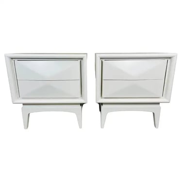 Mid-Century White Diamond Front Nightstands By United Furniture 