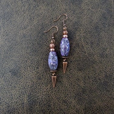 Mosaic marble stone earrings, mid century modern earrings, statement earrings, purple imperial jasper earrings, copper earrings, unique 