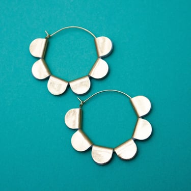 Scalloped Hoop Earrings -Metallic Gold Lamé Scrap Leather Statement earrings - Art Deco Floral Hoop Earrings 