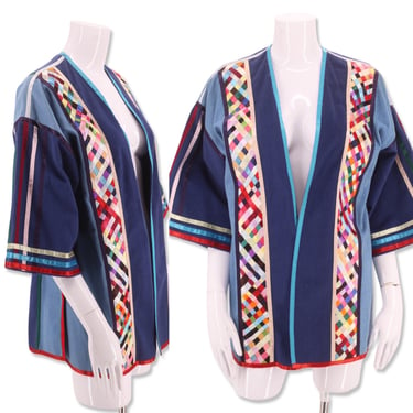 70s denim ribbon custom patchwork jacket M / vintage 1970s satin woven brushed cotton duster jacket 