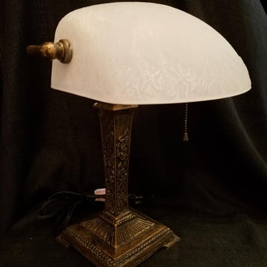 Vintage Cast Iron Banker Desk Lamp with Ornate Frosted Glass Shade