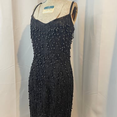 80s Vintage Beaded Silk Mini Dress Black Fringe Flapper Cocktail Party M 