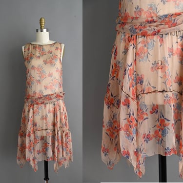 vintage 1920s Dress | Antique Floral Print Fluttery Garden Dress | XS 