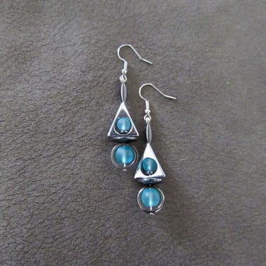 Blue frosted glass and gunmetal geometric earrings 
