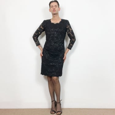 Vintage 90s Black Floral Lace Midi Sheath Cocktail Dress Long Sleeves Size L UK 16 