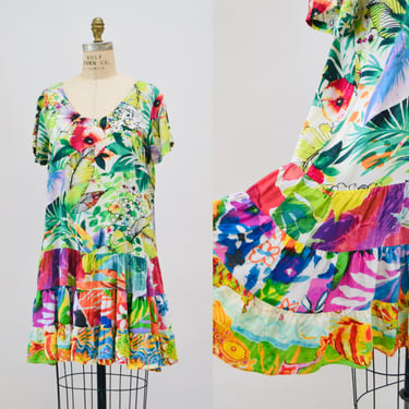 Vintage Jams World Hattie Dress Jungle Splash Made in Hawaii Tropical Floral Print Medium Floral Print Boho Beach Dress 