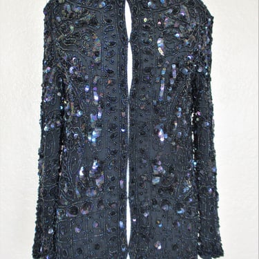 Vintage 70s Joseph Le Bon Black Bead Sequin Silk Chiffon Jacket Women, Small Women, Party Jacket 