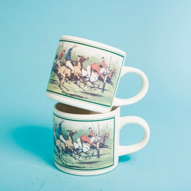 Set of 2 Vintage Beige Polo Art Painting Novelty Ceramic Mug Cups 