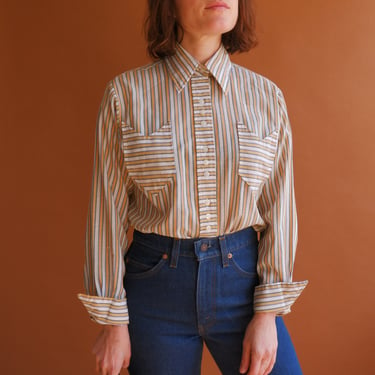 Vintage 70s Striped Blouse/ 1970s Saw Tooth Pocket Pointed Collar Shirt/ Size Medium 