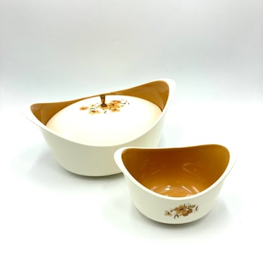 Taylor Smith Taylor Ever Yours Wood Rose Covered Casserole Dish & Gravy Boat, Orange Brown Floral, Flowers, Mid Century Vintage Dinnerware 